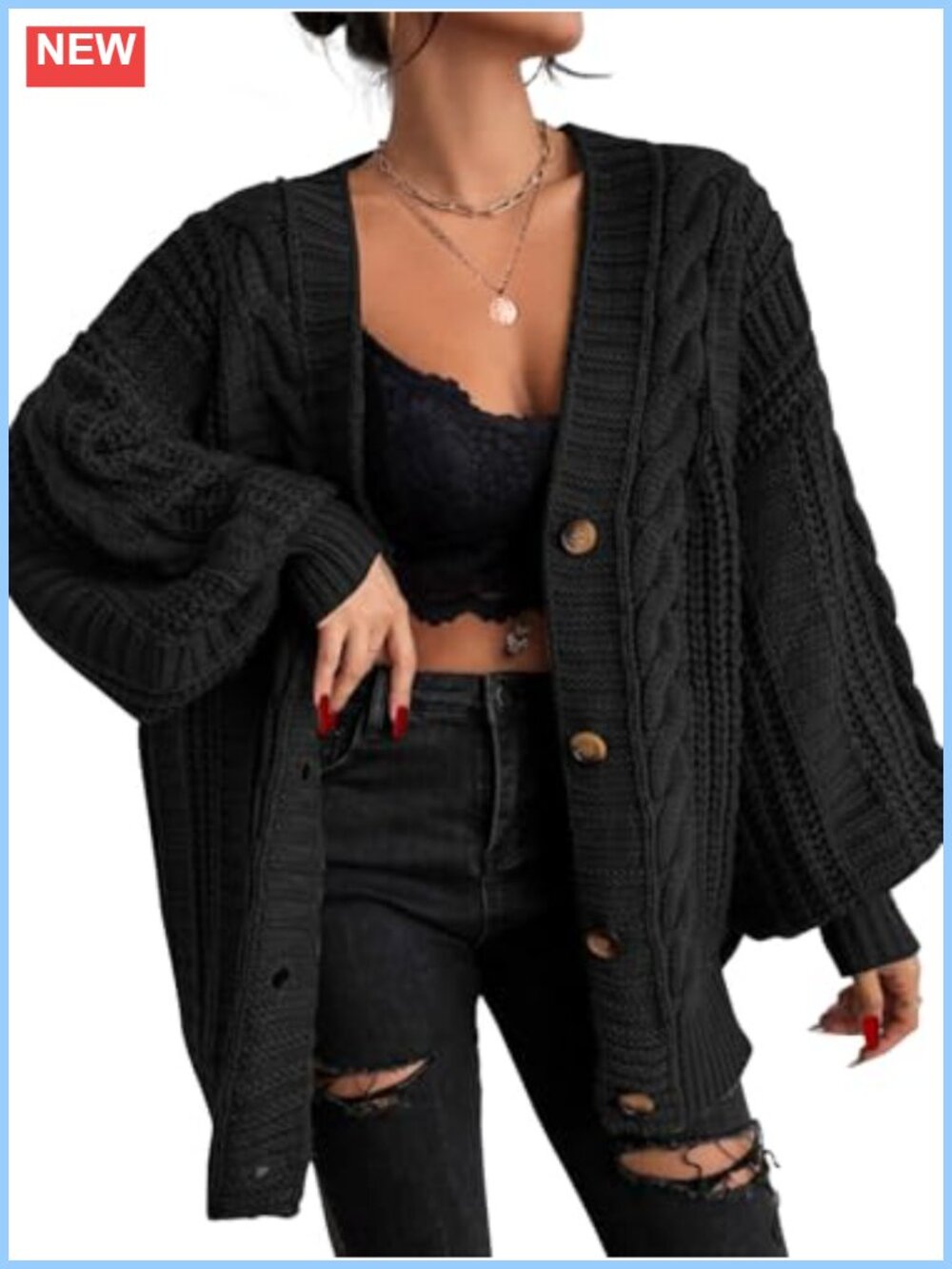 Oversized Button Down Cardigan Sweater V Neck Lantern Sleeve Cable Knit